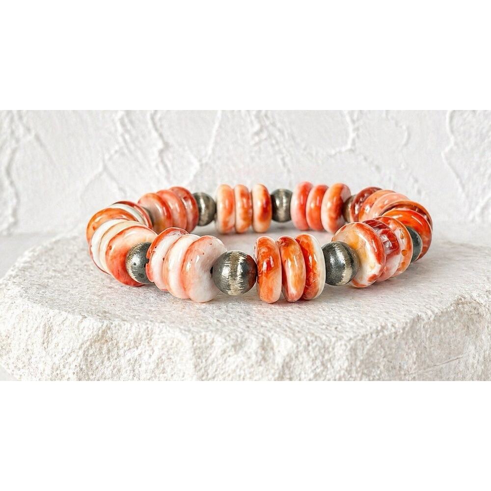 Spiny Oyster Navajo Pearl Style Bracelet Sterling Silver Beaded Southwest Stack
